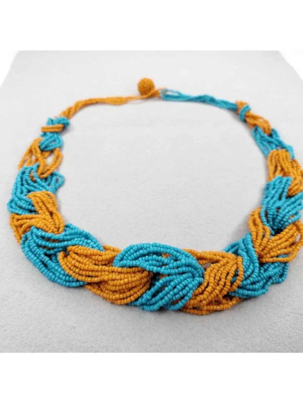 Seed Beaded Statement Necklace Orange Blue Links 25
